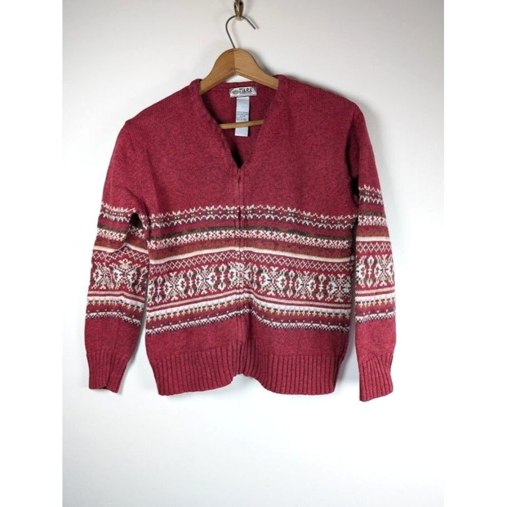 Tiara International Cardigan Sweater Size Medium Zip Christmas Winter‎ Fair Isle
